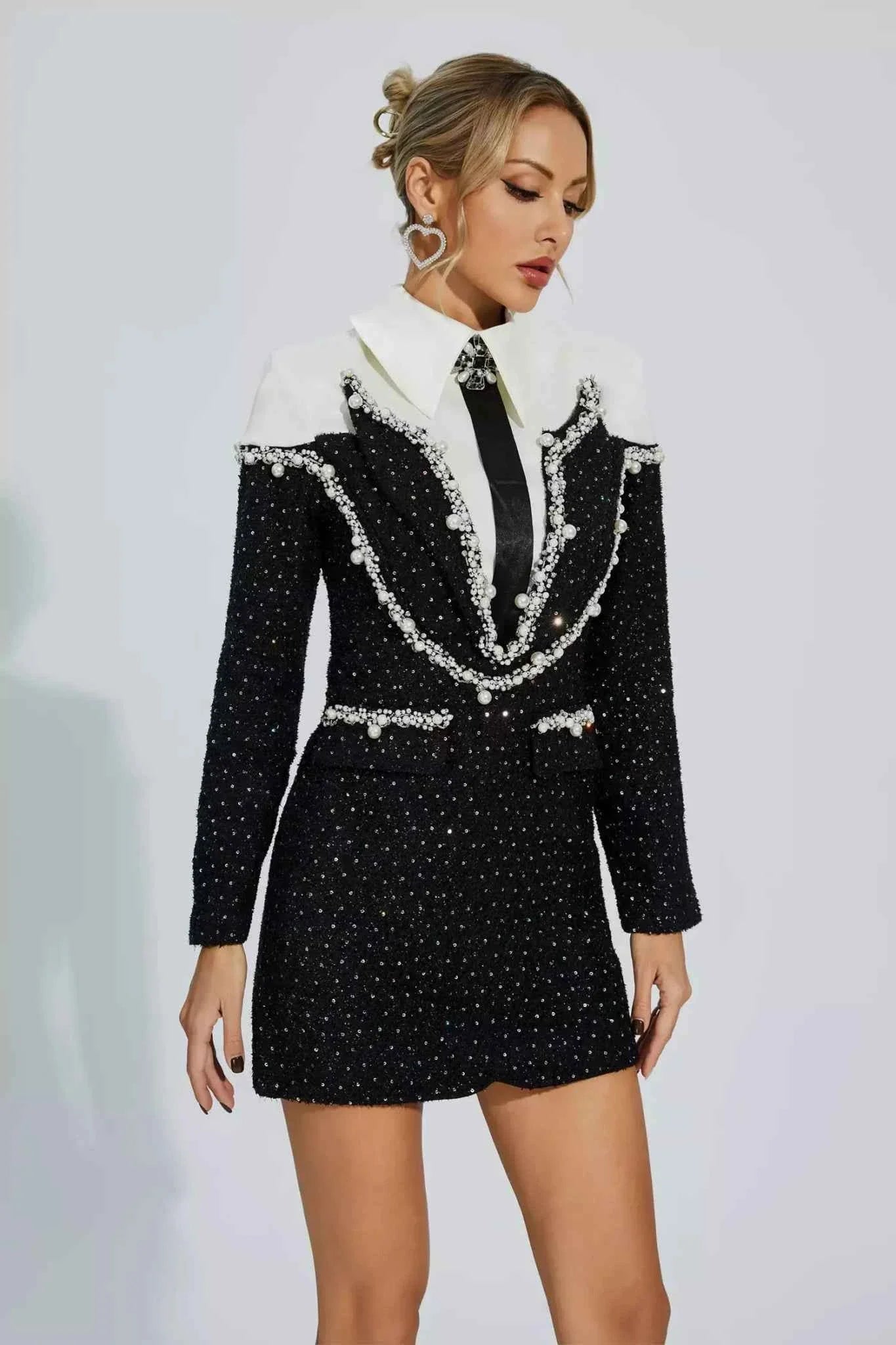 Pearl Embellished Tweed Blazer Dress