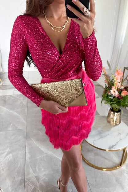 Sequin and Fringe Mini Dress with Long Sleeves