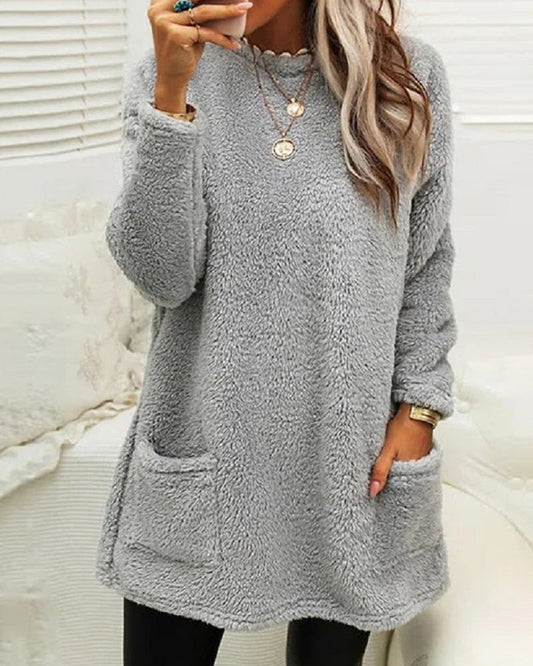 Long Sleeve Teddy Fleece Tunic Pullover with Pockets