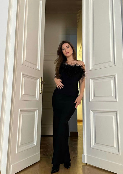 Strapless Feather Trim Black Evening Gown