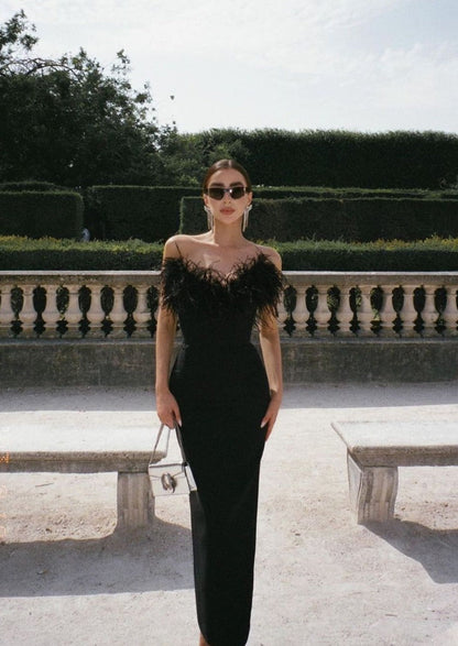 Strapless Feather Trim Black Evening Gown