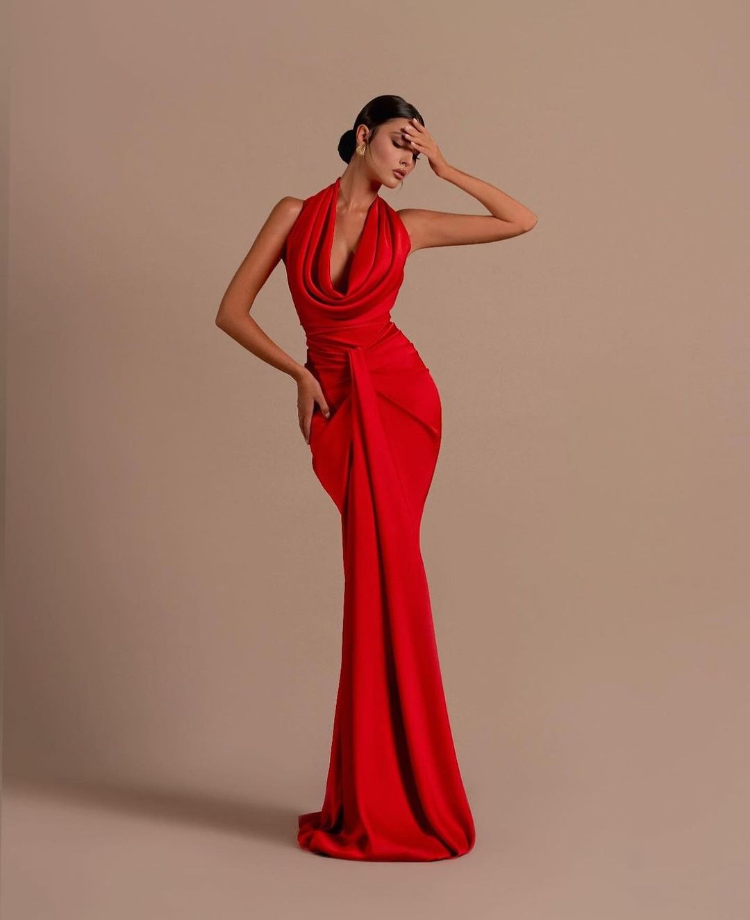 Red Draped Halter Neck Evening Gown
