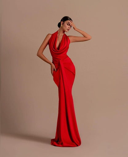 Red Draped Halter Neck Evening Gown
