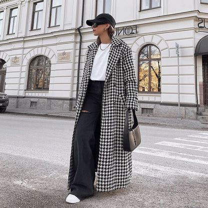 Wool Houndstooth Long Overcoat