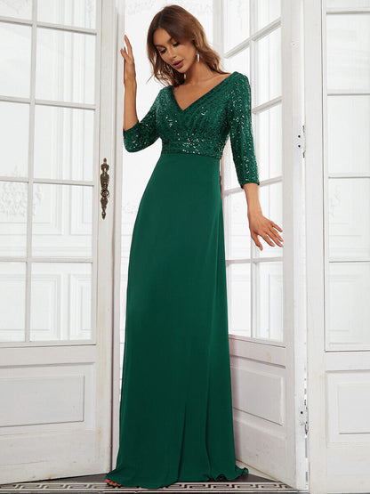 Women’s Evening Gown – Sequin V-Neck Long Formal Dress