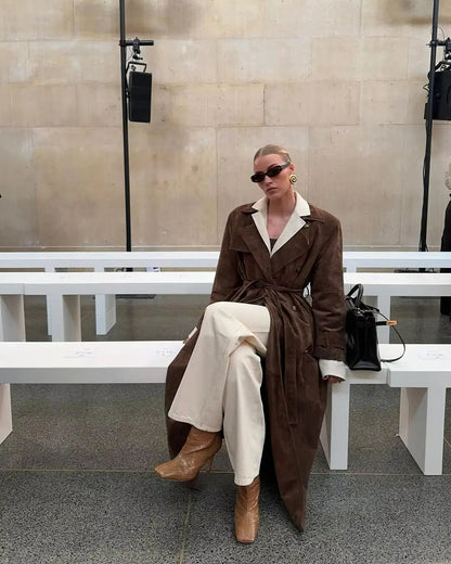 Long Suede Trench Coat with Belted Waist