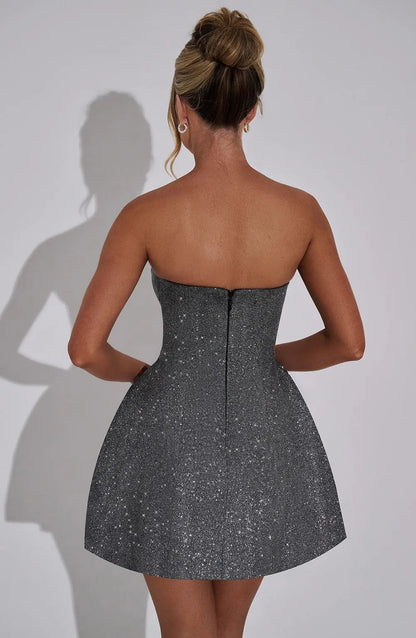 Strapless Glitter Mini Dress with Oversized Bow Back