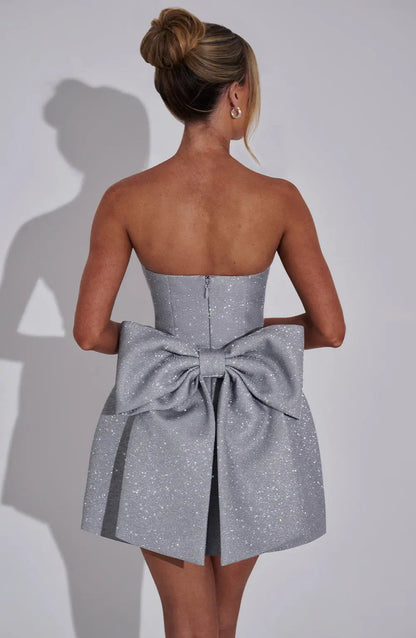 Strapless Glitter Mini Dress with Oversized Bow Back