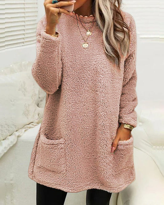 Long Sleeve Teddy Fleece Tunic Pullover with Pockets