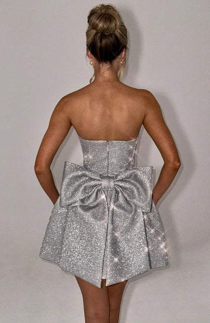 Strapless Glitter Mini Dress with Oversized Bow Back