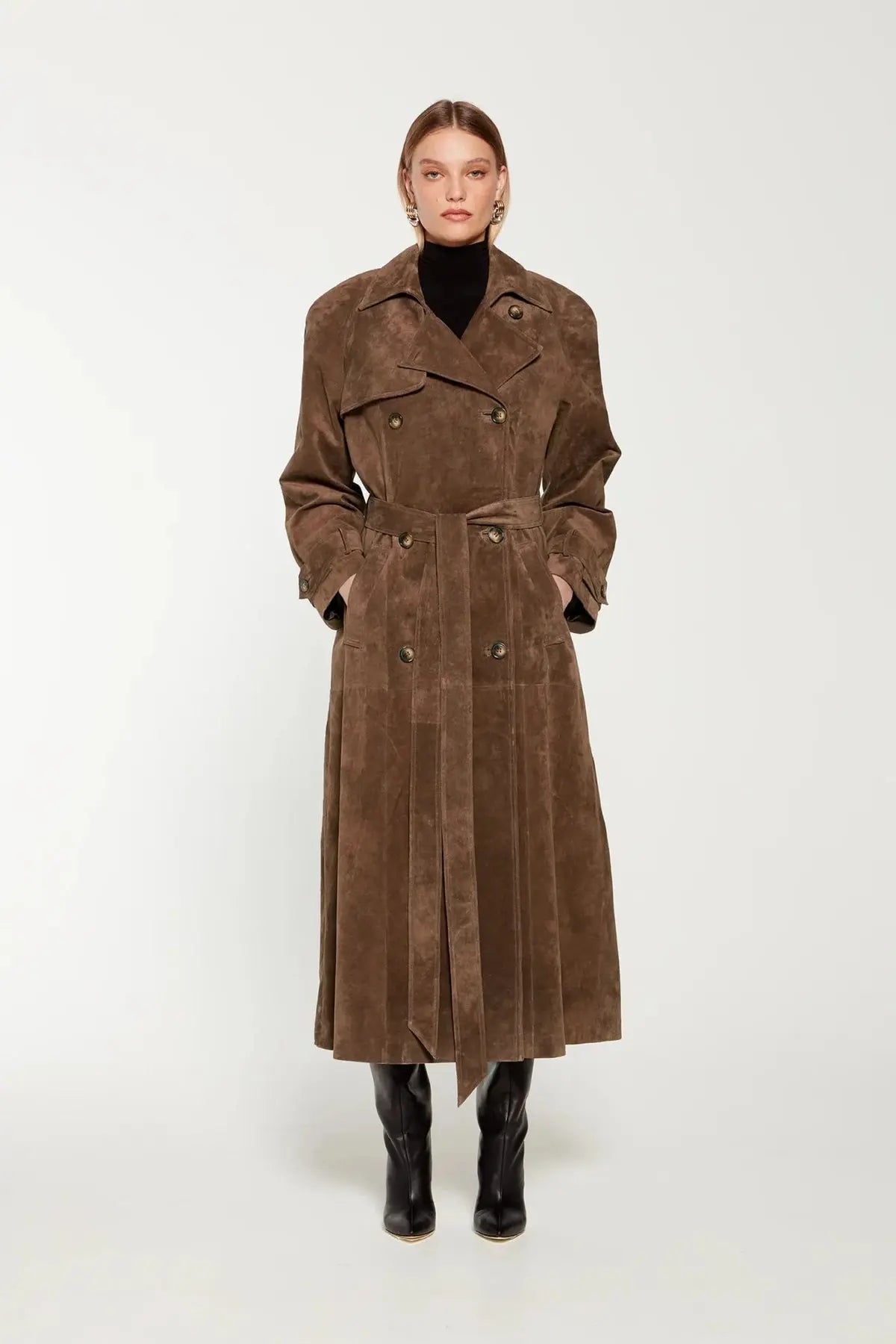 Long Suede Trench Coat with Belted Waist