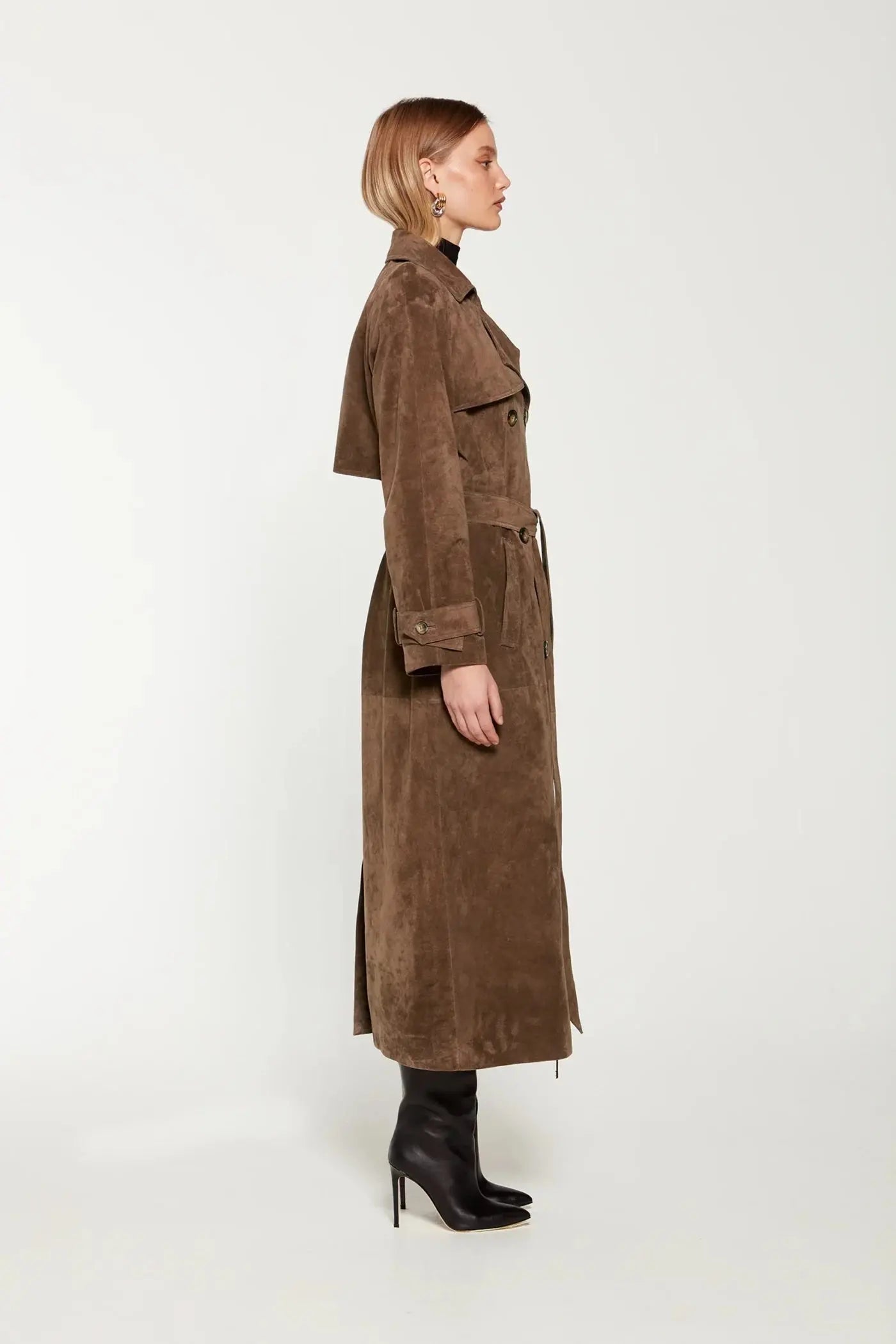 Long Suede Trench Coat with Belted Waist