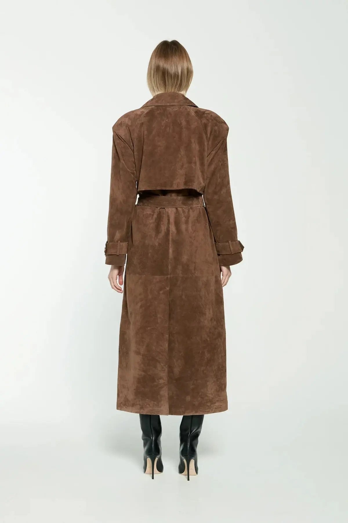 Long Suede Trench Coat with Belted Waist
