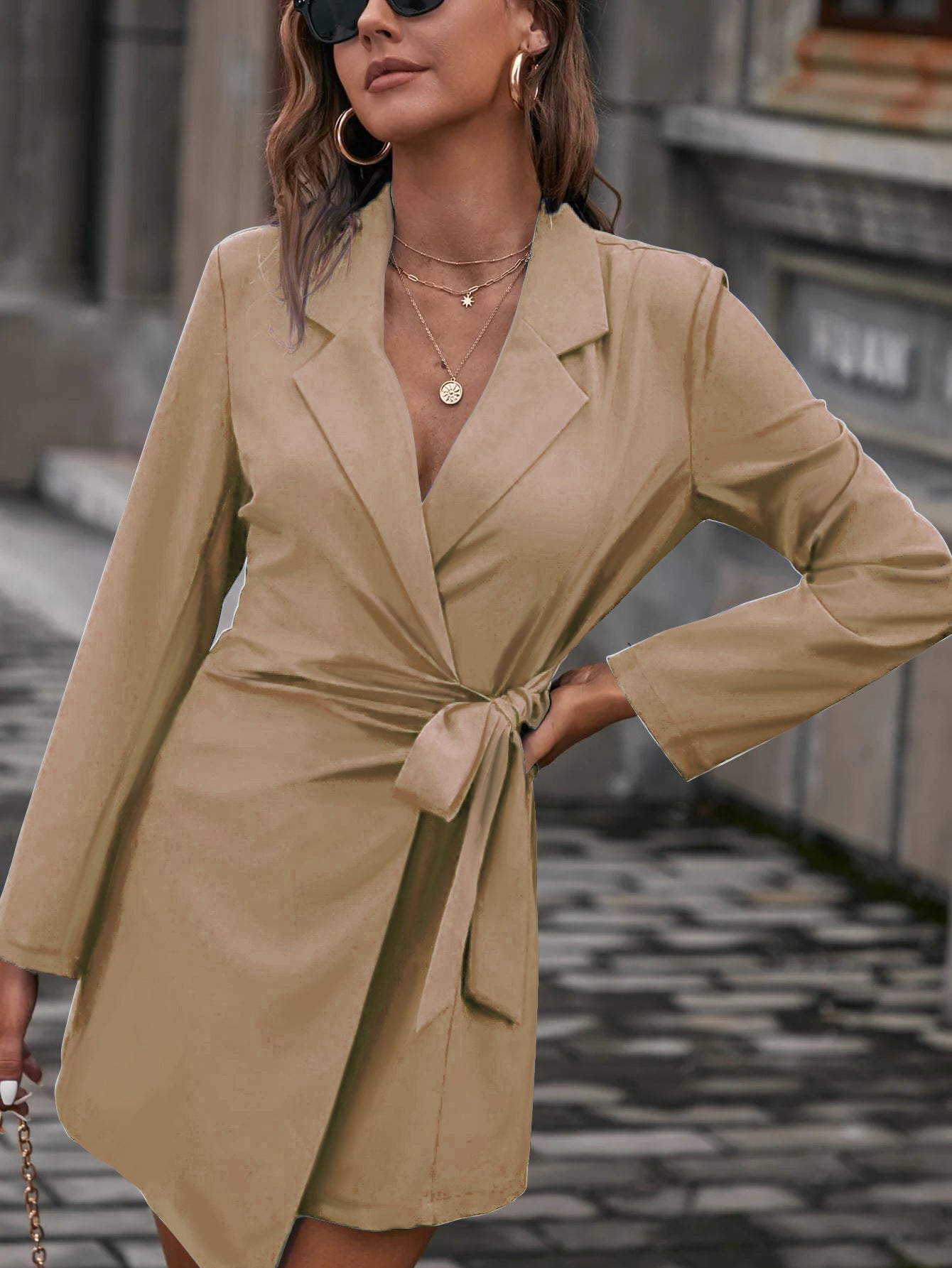 Tie Waist Blazer Dress Long Sleeve Wrap Mini