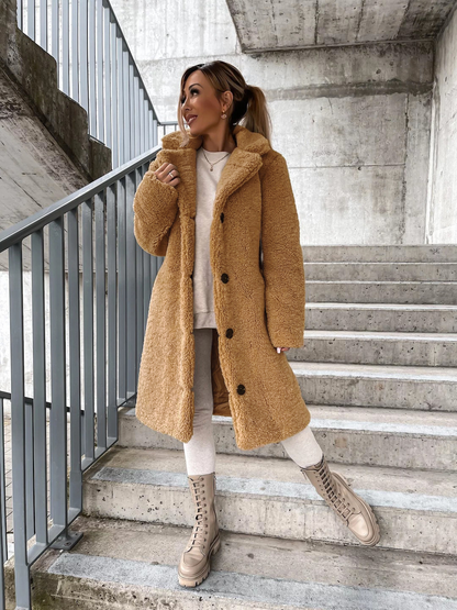 Women’s Long Fleece Coat – Button Front Teddy Outerwear