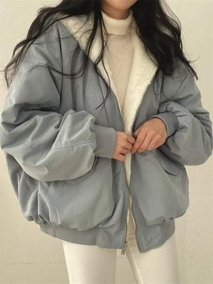 Oversized Bomber Jacket with Faux Shearling Lining