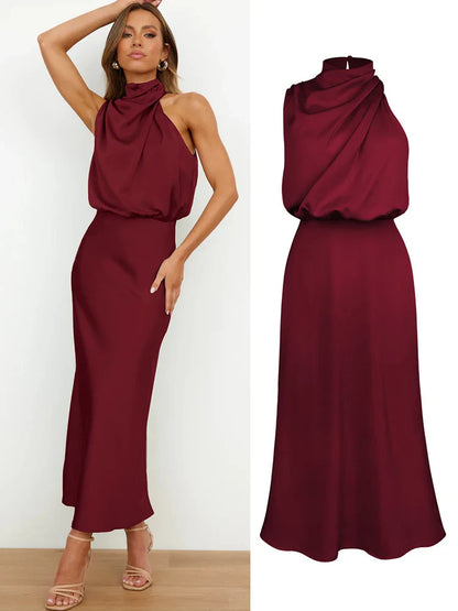 Halter Neck Satin Midi Dress