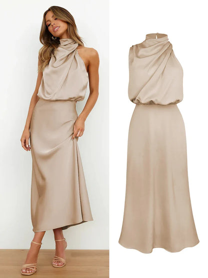 Halter Neck Satin Midi Dress
