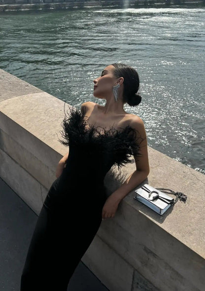 Strapless Feather Trim Black Evening Gown