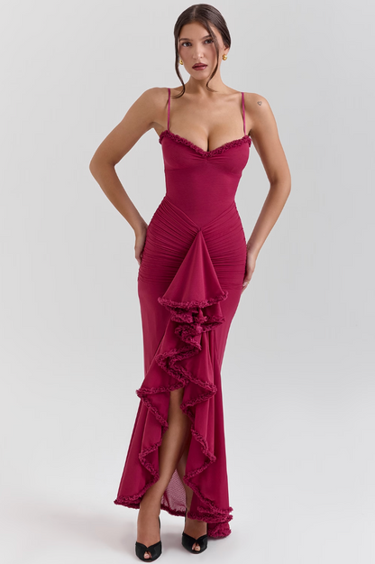 Ruffled Hem Spaghetti Strap Gown