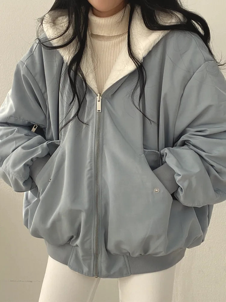 Oversized Bomber Jacket with Faux Shearling Lining