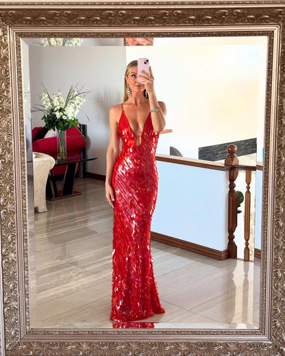 Sequin Plunge V-Neck Gown