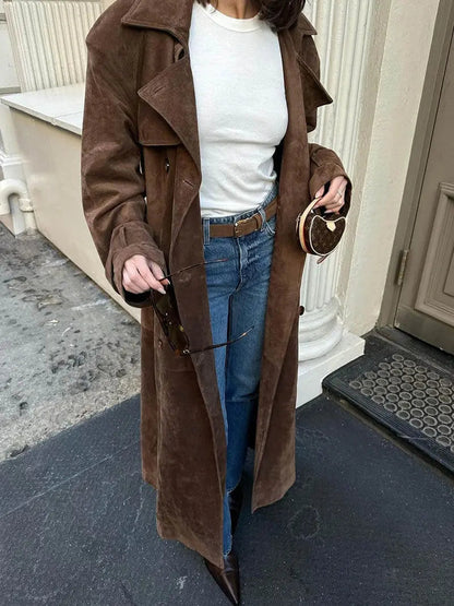 Long Suede Trench Coat with Belted Waist