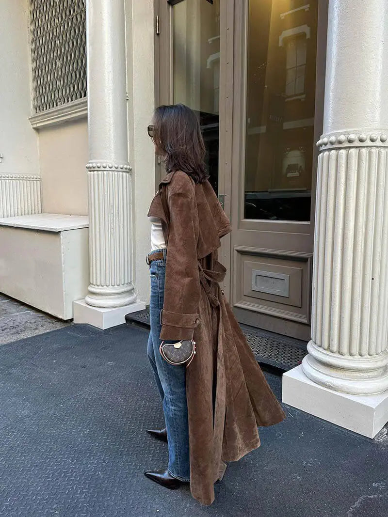 Long Suede Trench Coat with Belted Waist