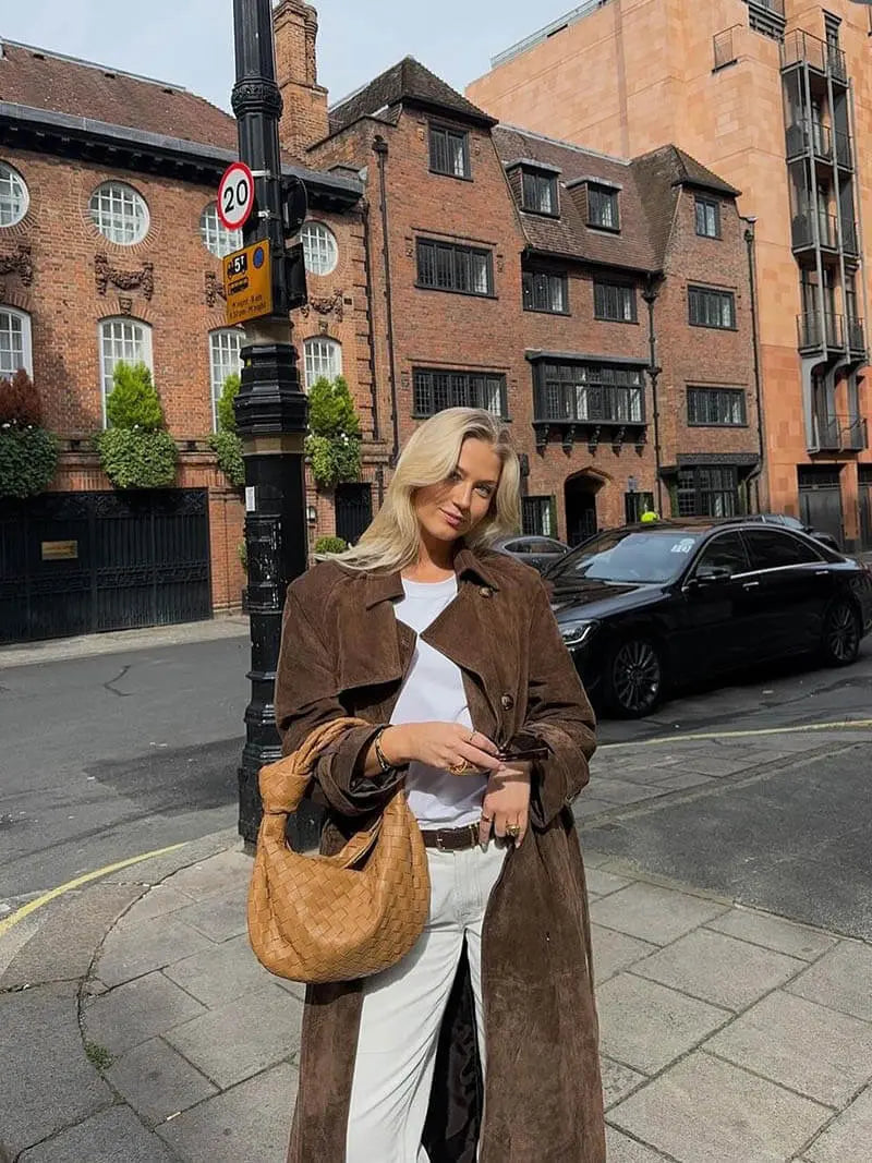 Long Suede Trench Coat with Belted Waist