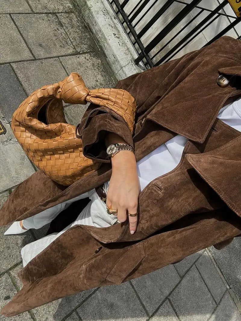 Long Suede Trench Coat with Belted Waist