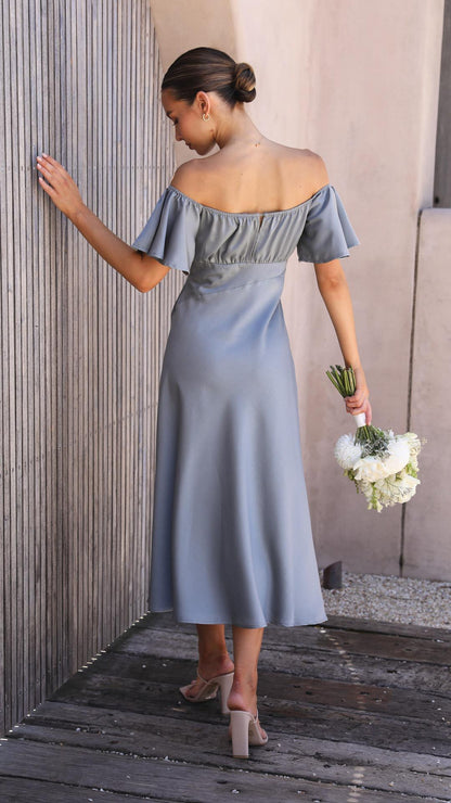 Off Shoulder Midi Dress with Flutter Sleeves and Side Slit