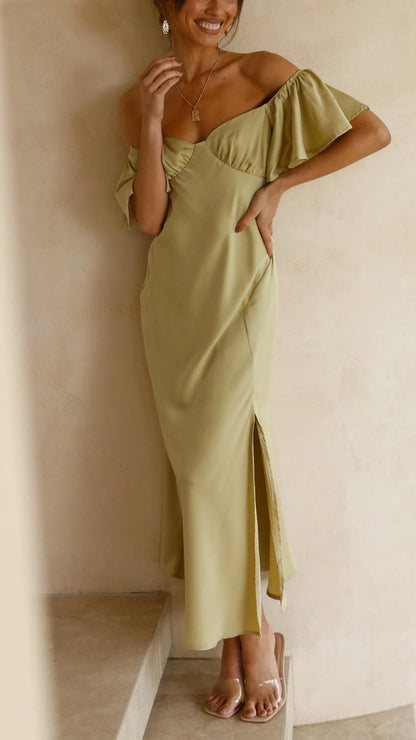 Off Shoulder Midi Dress with Flutter Sleeves and Side Slit