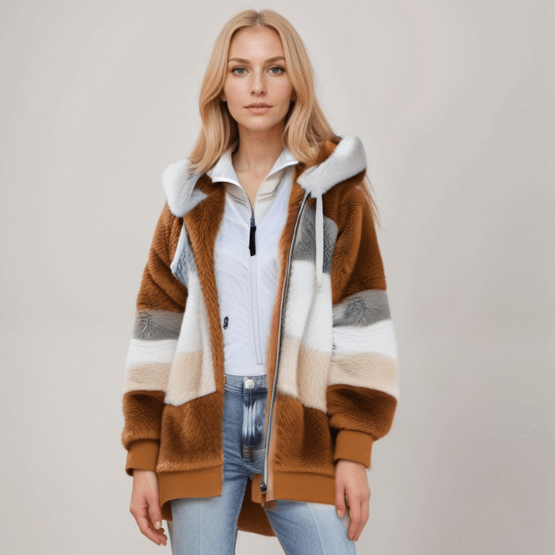 Striped Faux Fur Hooded Jacket