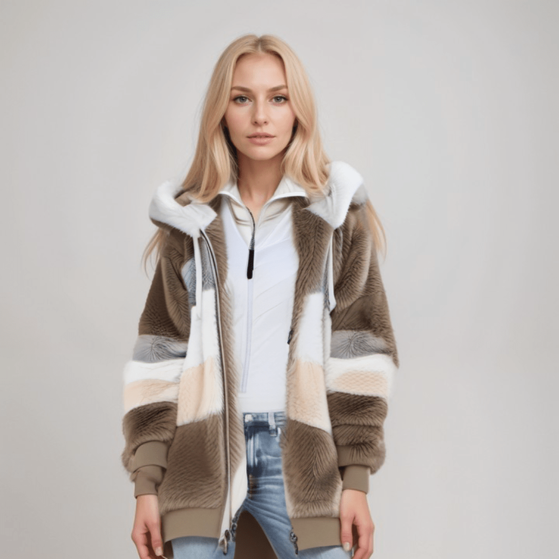 Striped Faux Fur Hooded Jacket
