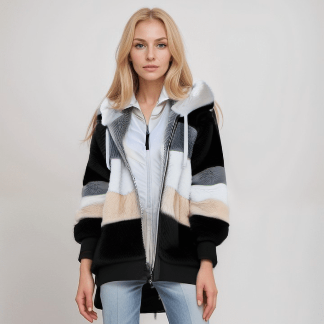 Striped Faux Fur Hooded Jacket