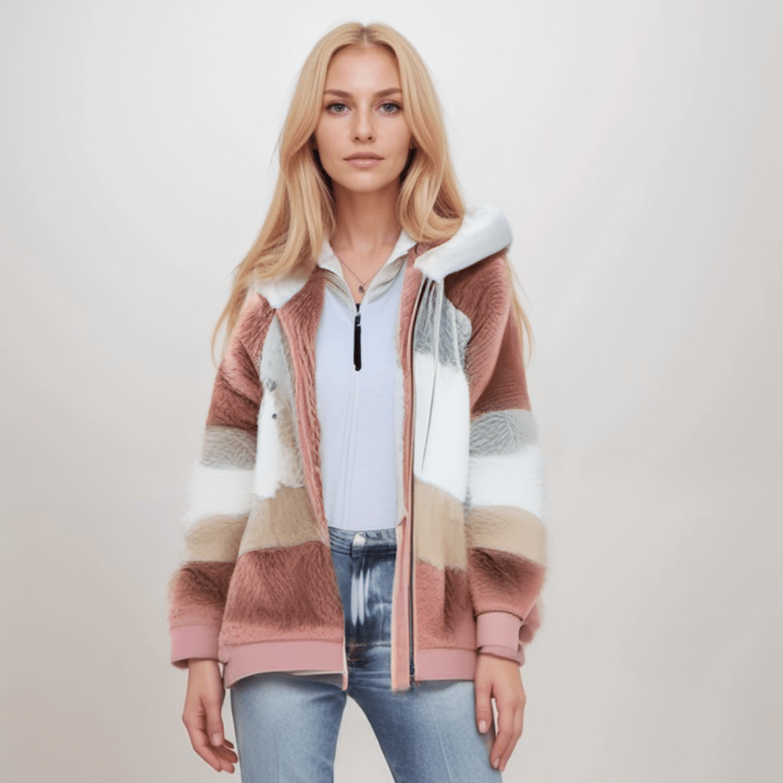 Striped Faux Fur Hooded Jacket