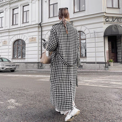 Wool Houndstooth Long Overcoat