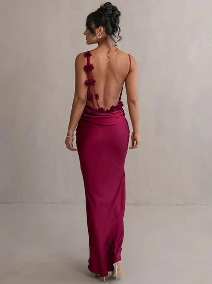 Backless Floral Strap Evening Gown