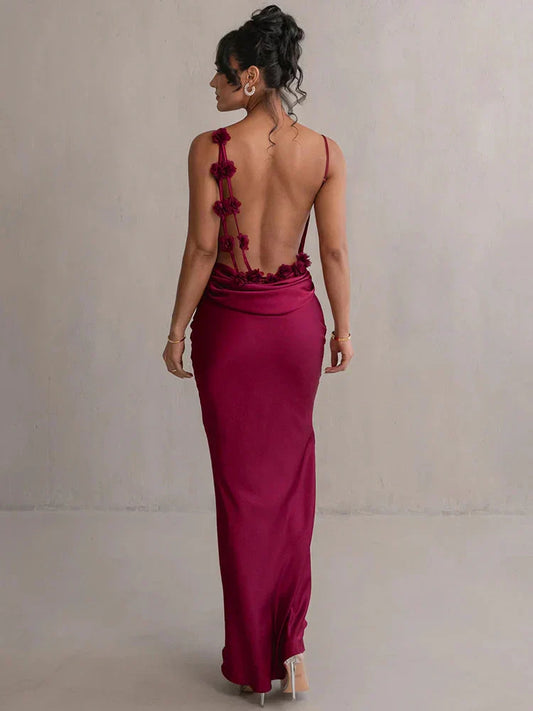 Backless Floral Strap Evening Gown